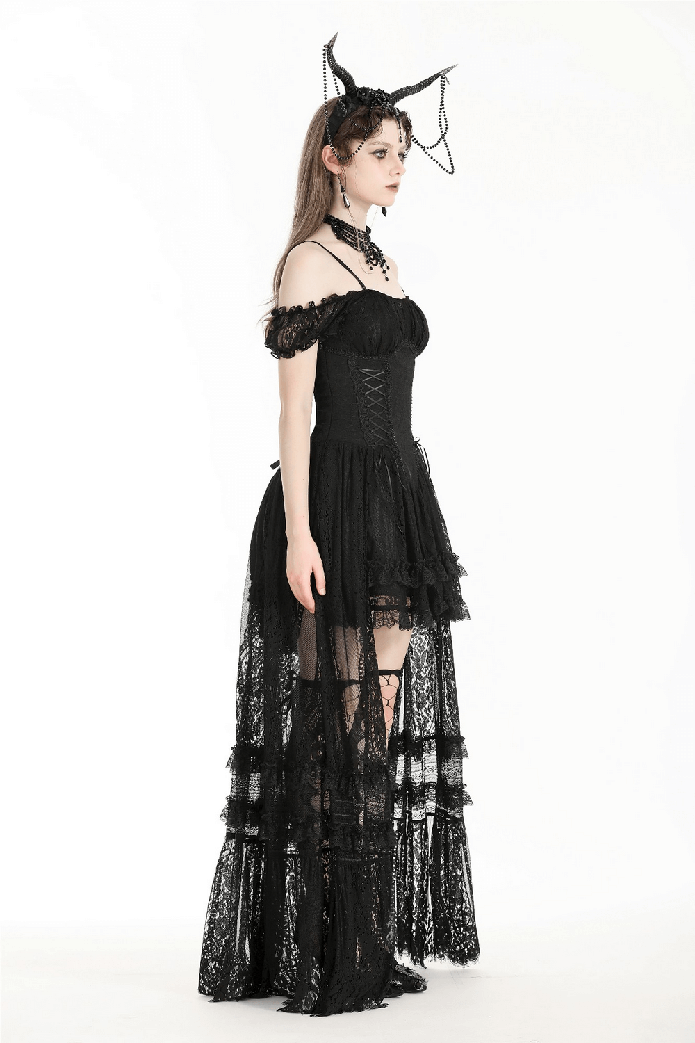 Gothic off-shoulder lace high-low dress for women with ruffles and intricate detailing.