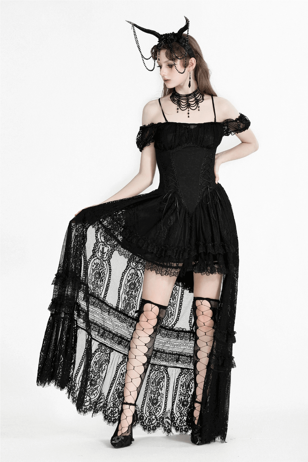 Gothic off-shoulder lace high-low dress showing elegance and mystery, perfect for Halloween or costume parties.