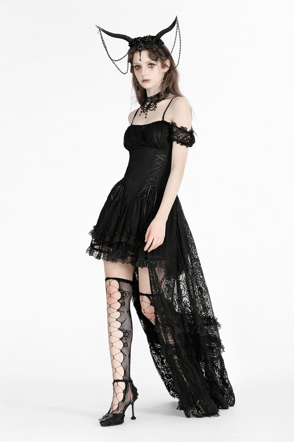 Gothic Off-Shoulder Lace High-Low Dress for Women