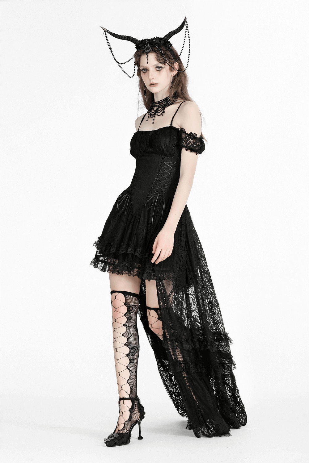 Gothic off-shoulder black lace high-low dress with ruffles, styled for a dramatic and elegant look.