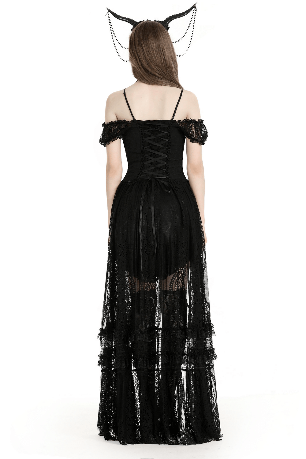Back view of a gothic off-shoulder lace high-low dress with ruffles and a dramatic silhouette.