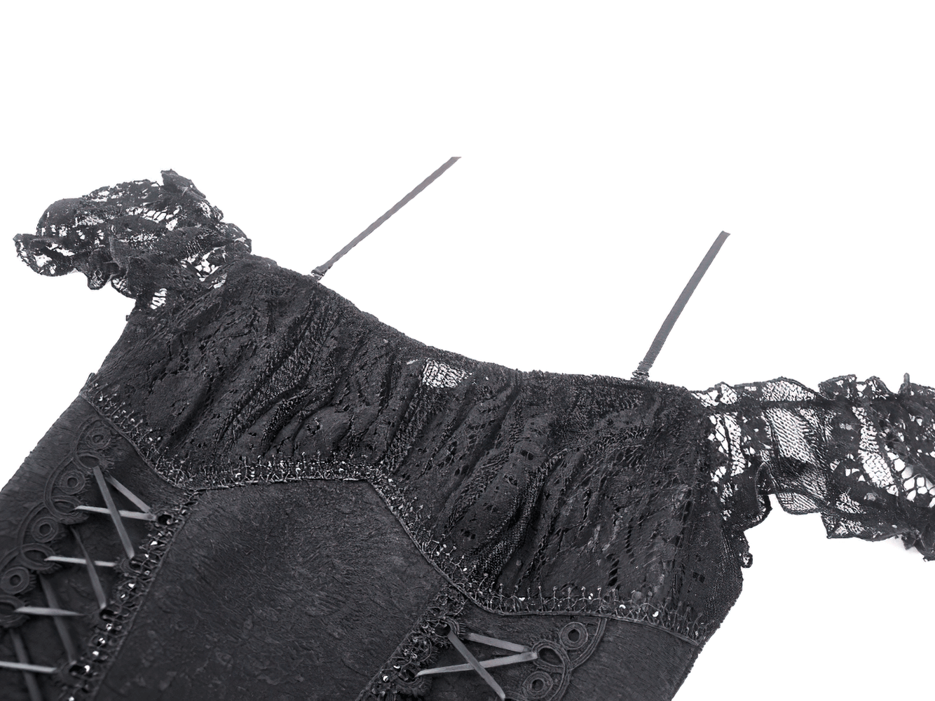 Gothic off-shoulder lace dress with ruffle detailing and elegant black fabric.