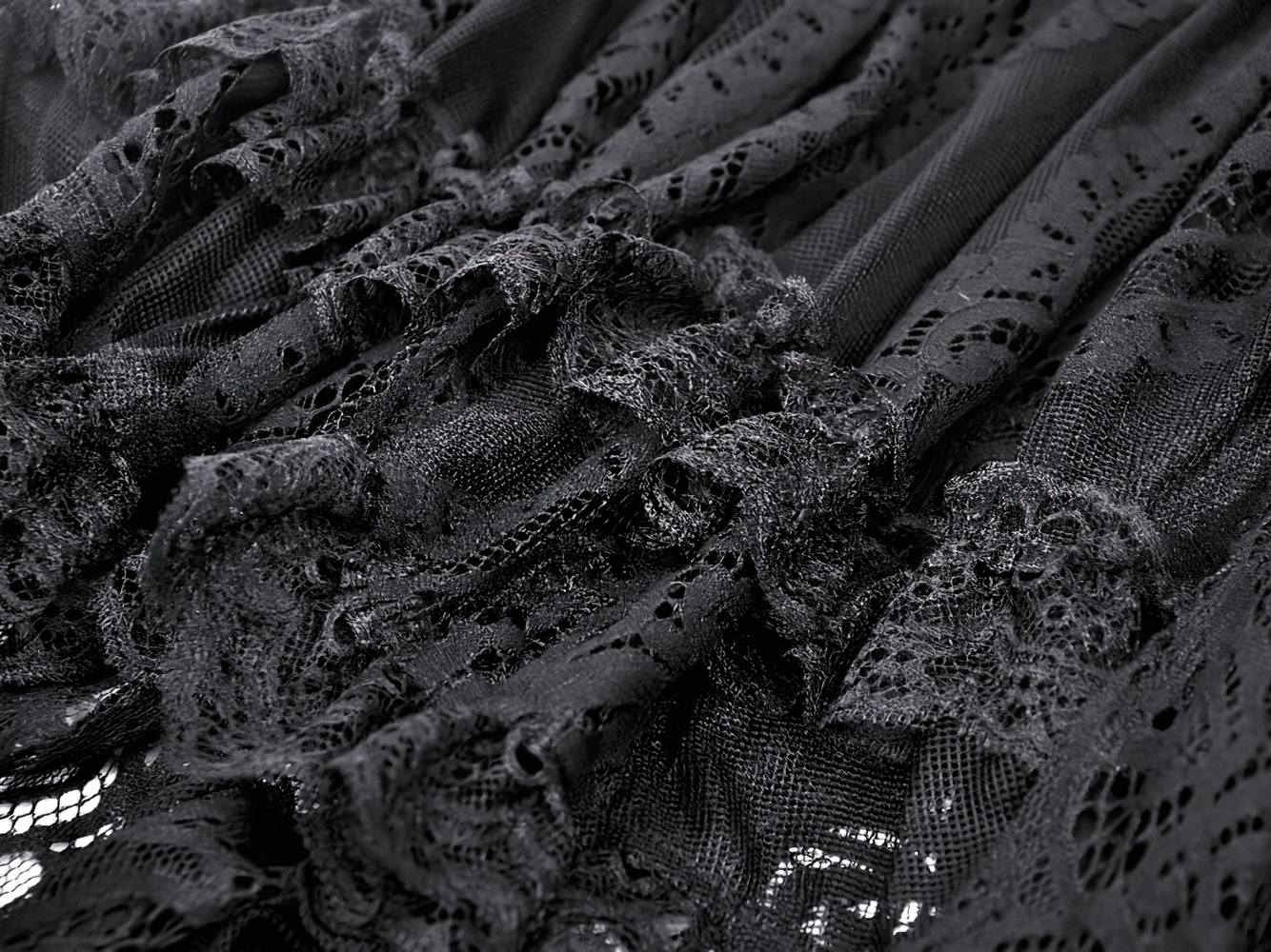 Close-up of intricate black lace detailing on a gothic dress, highlighting ruffles and texture.