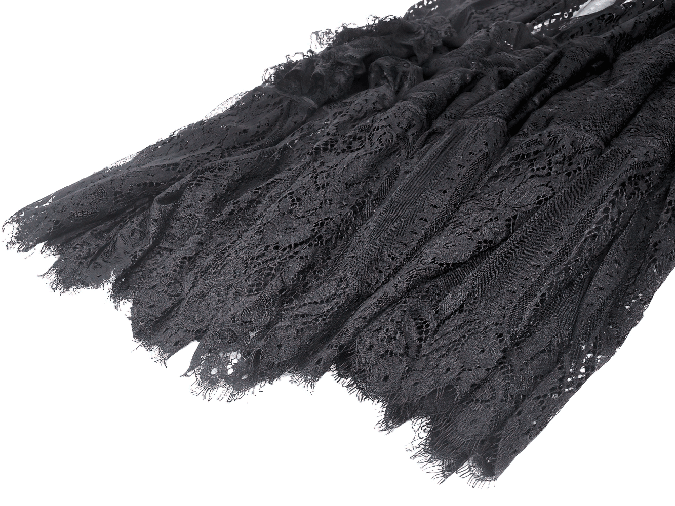 Close-up of intricate black lace fabric with ruffles, perfect for gothic or Victorian-style dresses.