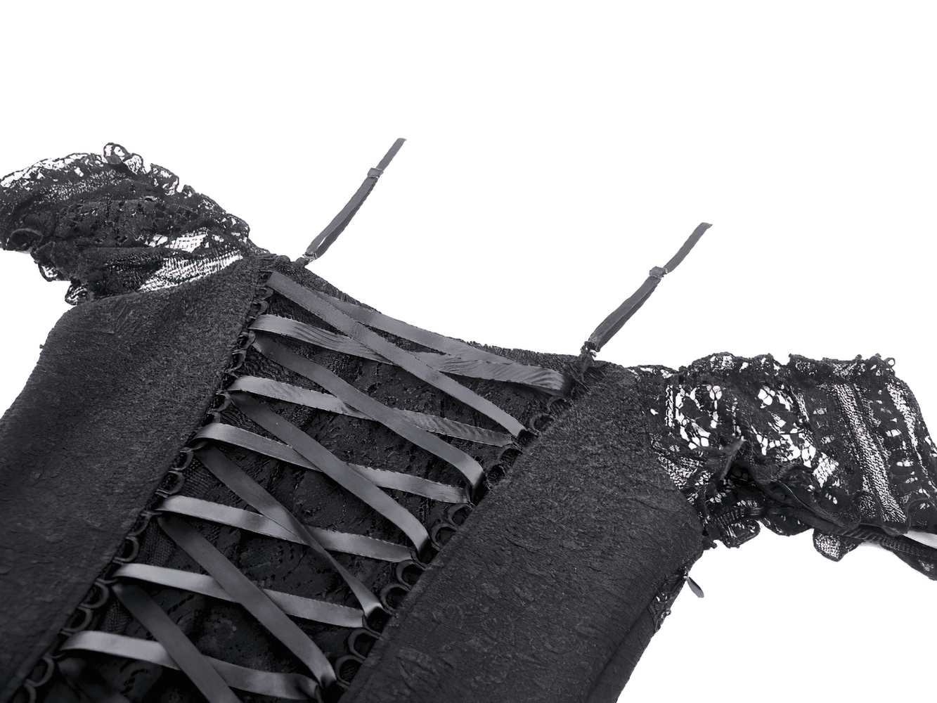 Gothic off-shoulder black lace dress with intricate ruffle detailing and lace-up back.