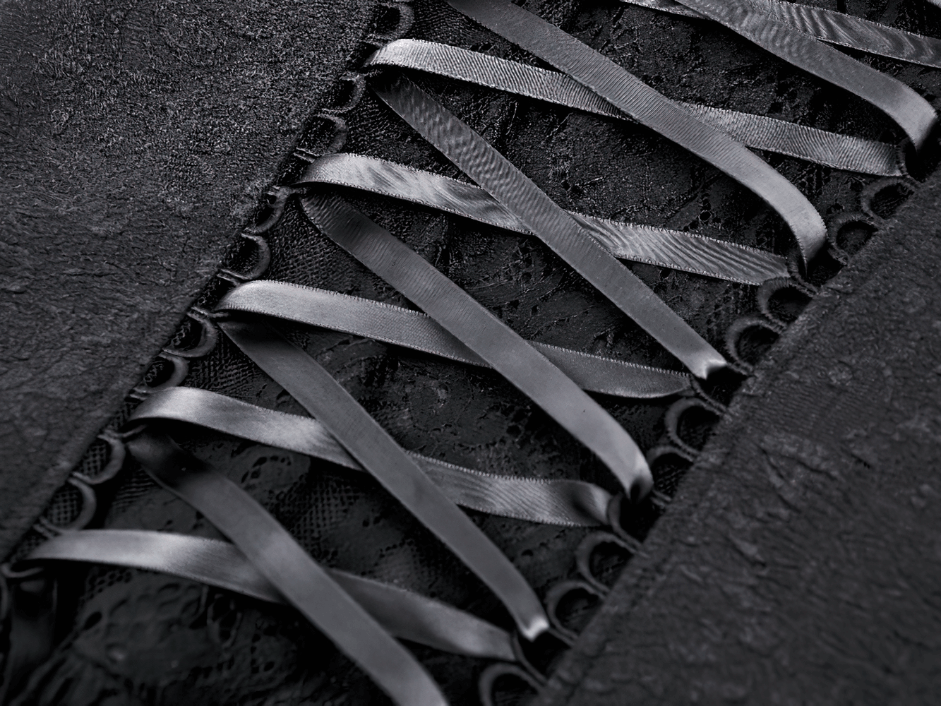 Close-up of intricate black lace and satin ribbon detailing on a gothic dress.
