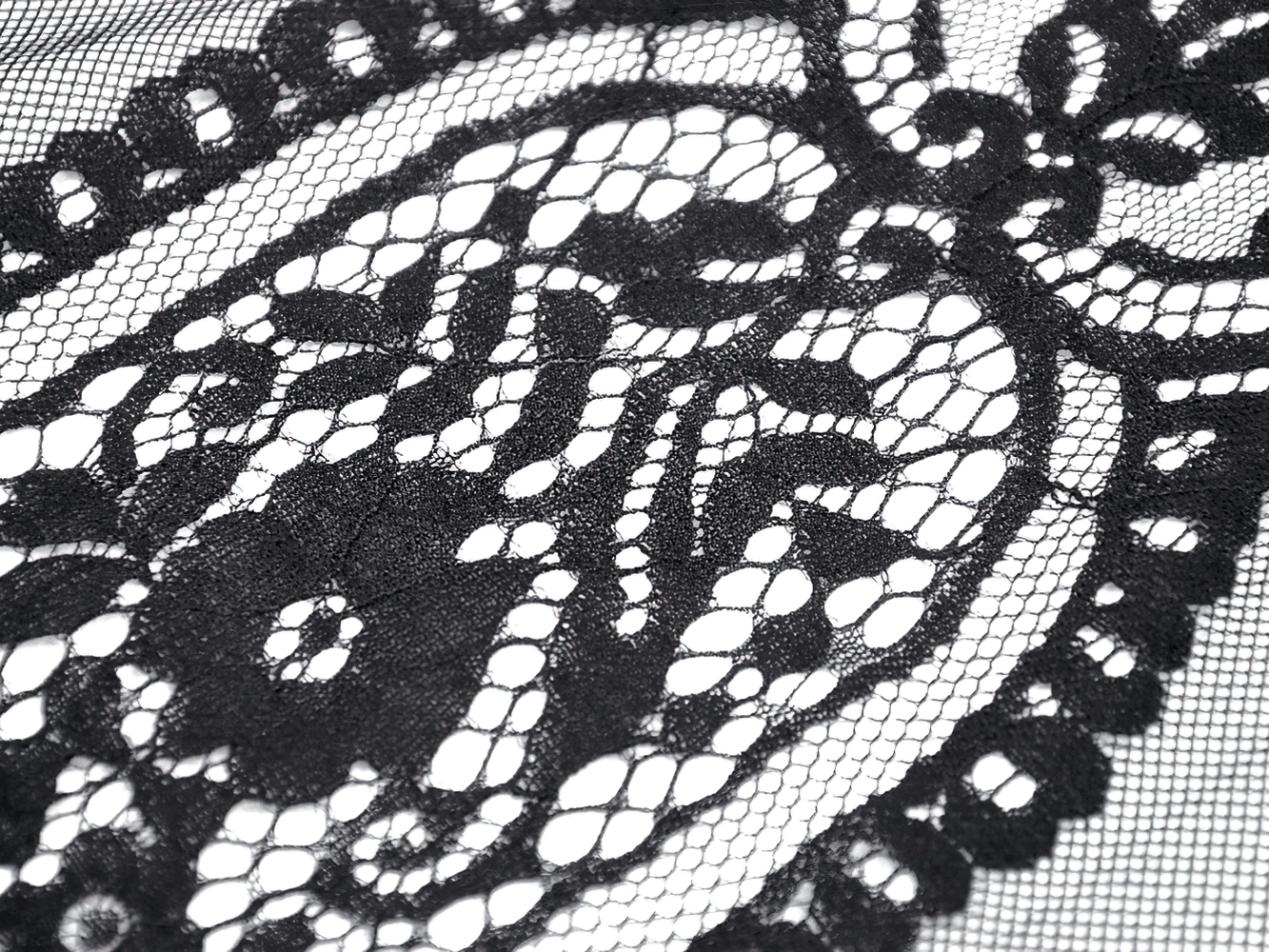 Close-up of intricate black lace fabric, showcasing floral patterns and delicate mesh details for a gothic dress.
