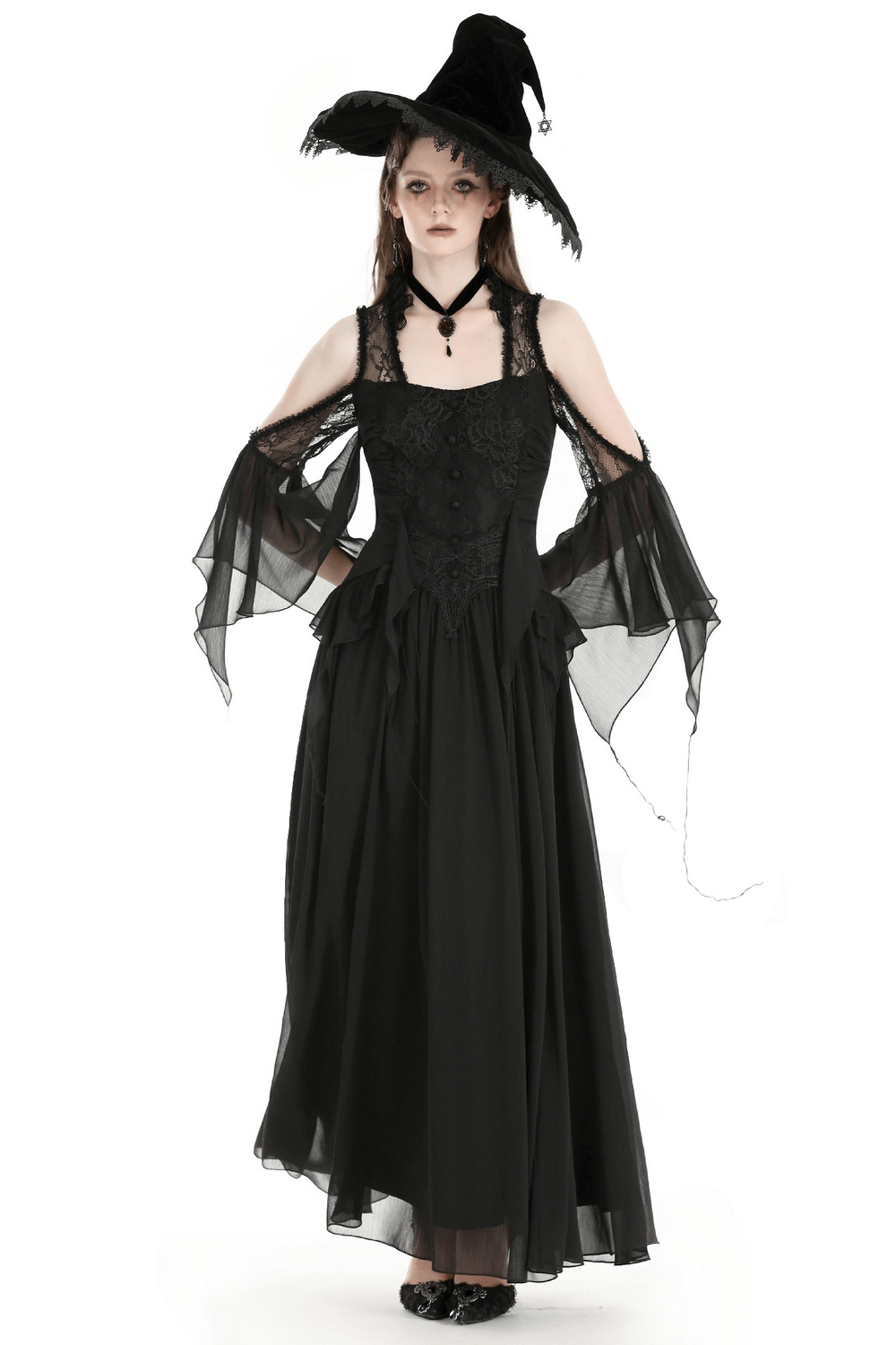 Gothic Off-Shoulder Lace Maxi Dress with Ruffle Sleeves