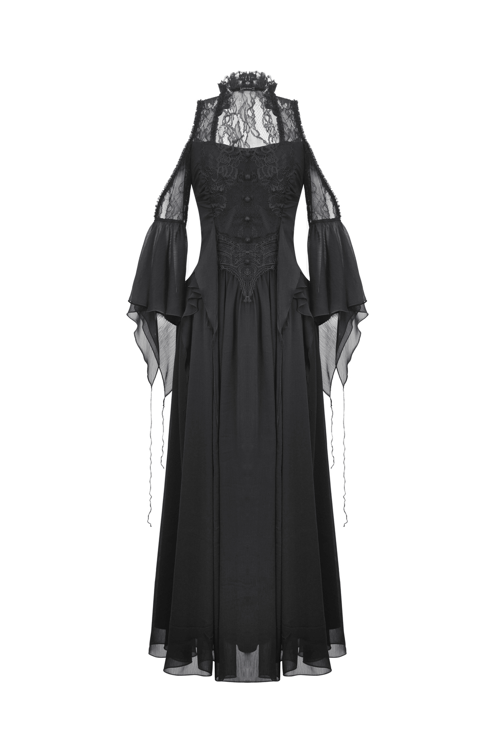 Gothic off-shoulder lace maxi dress with ruffle sleeves, perfect for Halloween or elegant occasions in stunning black.