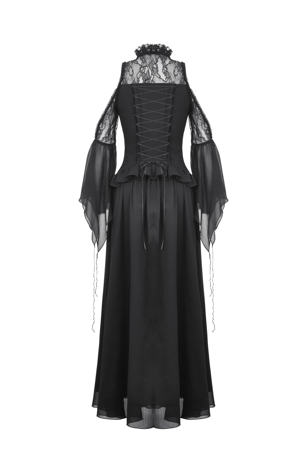 Elegant black Gothic off-shoulder lace maxi dress with ruffle sleeves and lace-up back detail.