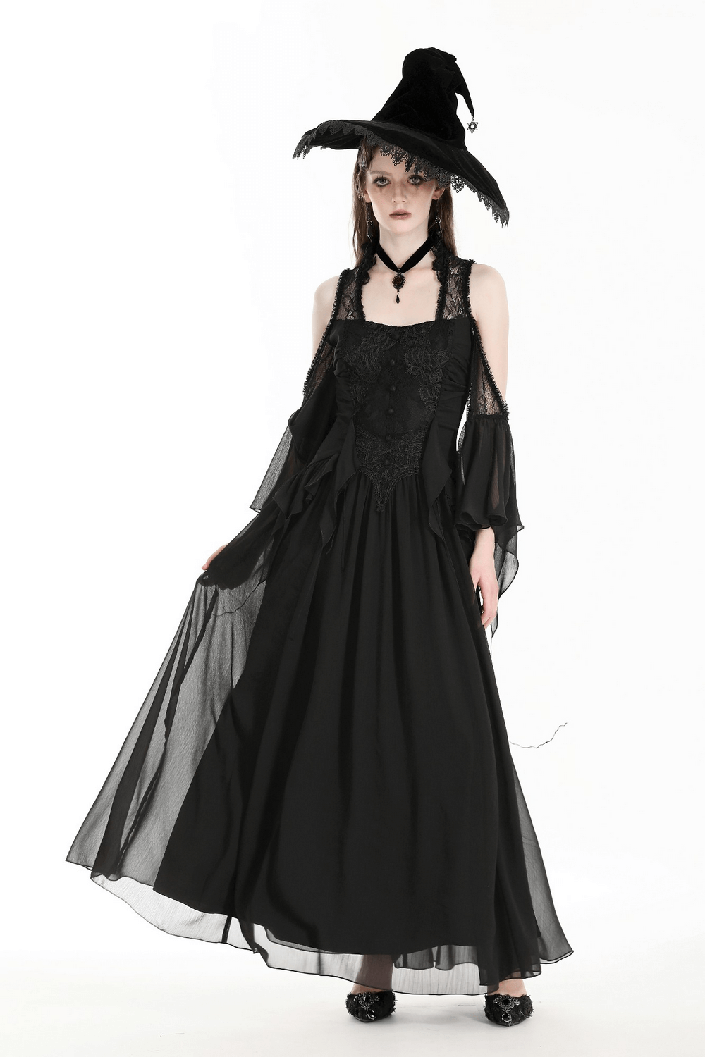 Gothic off-shoulder lace maxi dress with ruffle sleeves and witch hat for elegant Halloween style.
