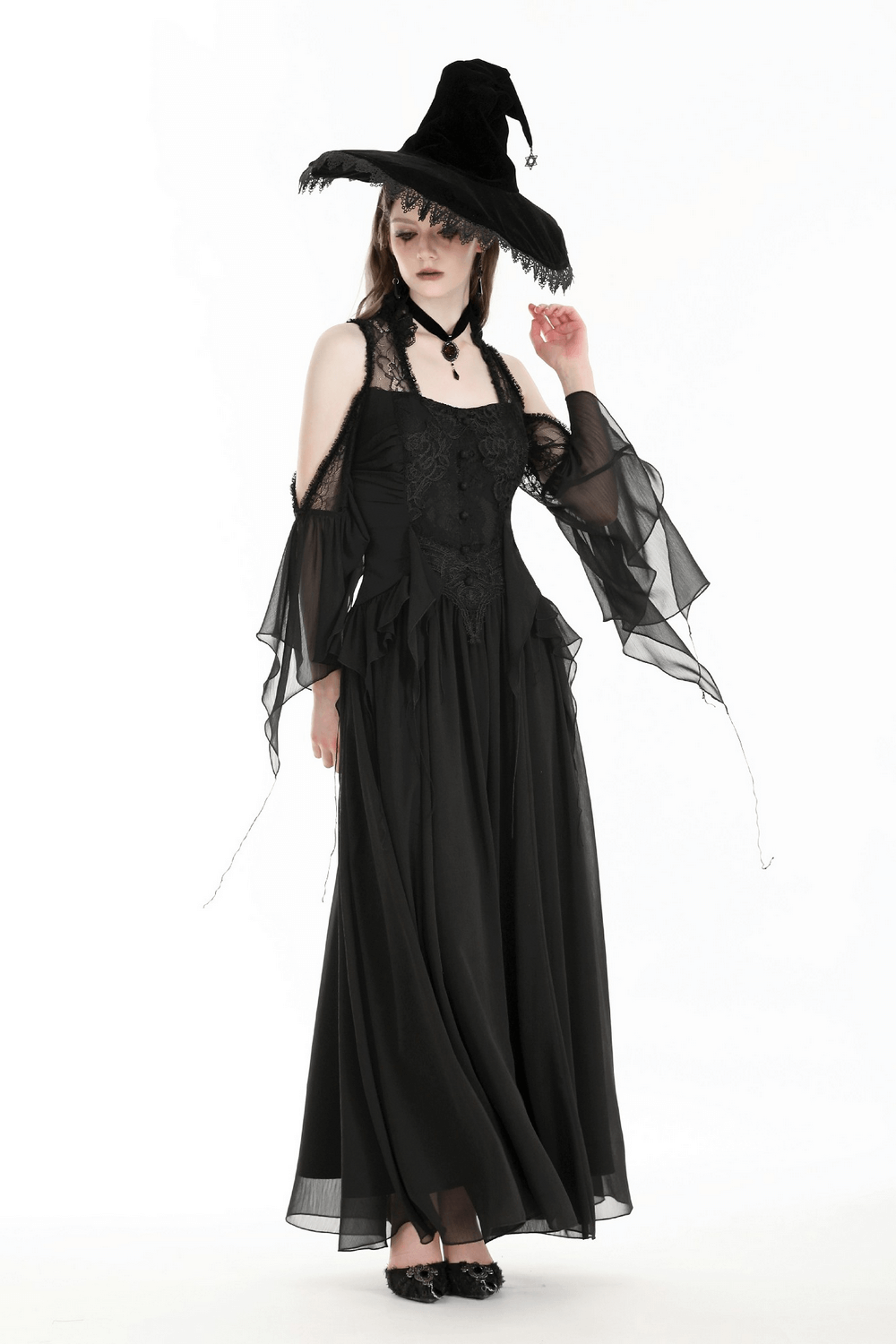 Gothic off-shoulder lace maxi dress with ruffle sleeves, perfect for Halloween elegance and mysterious style.