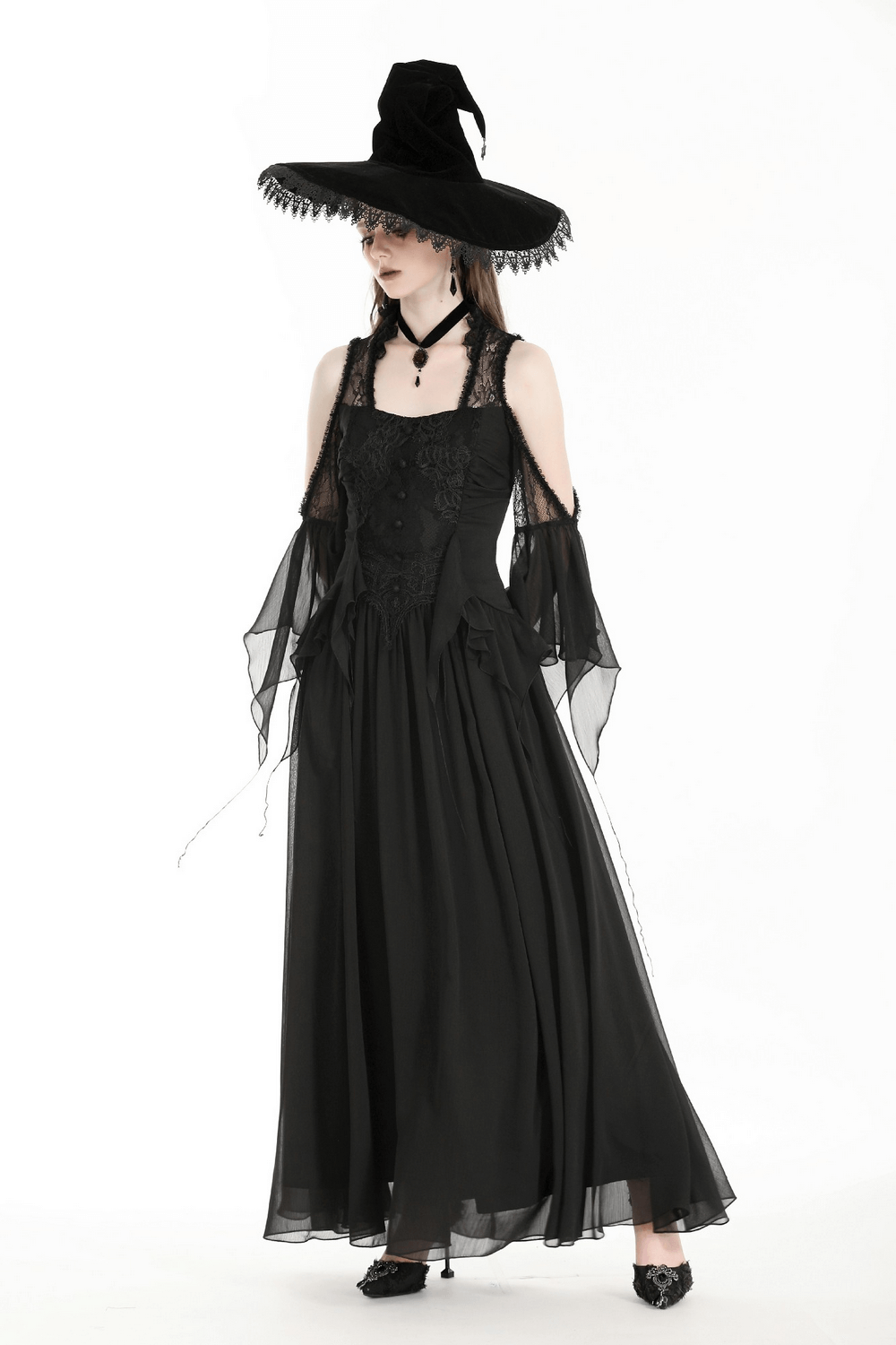 Gothic off-shoulder black chiffon maxi dress with lace and ruffle sleeves, perfect for Halloween or special occasions.