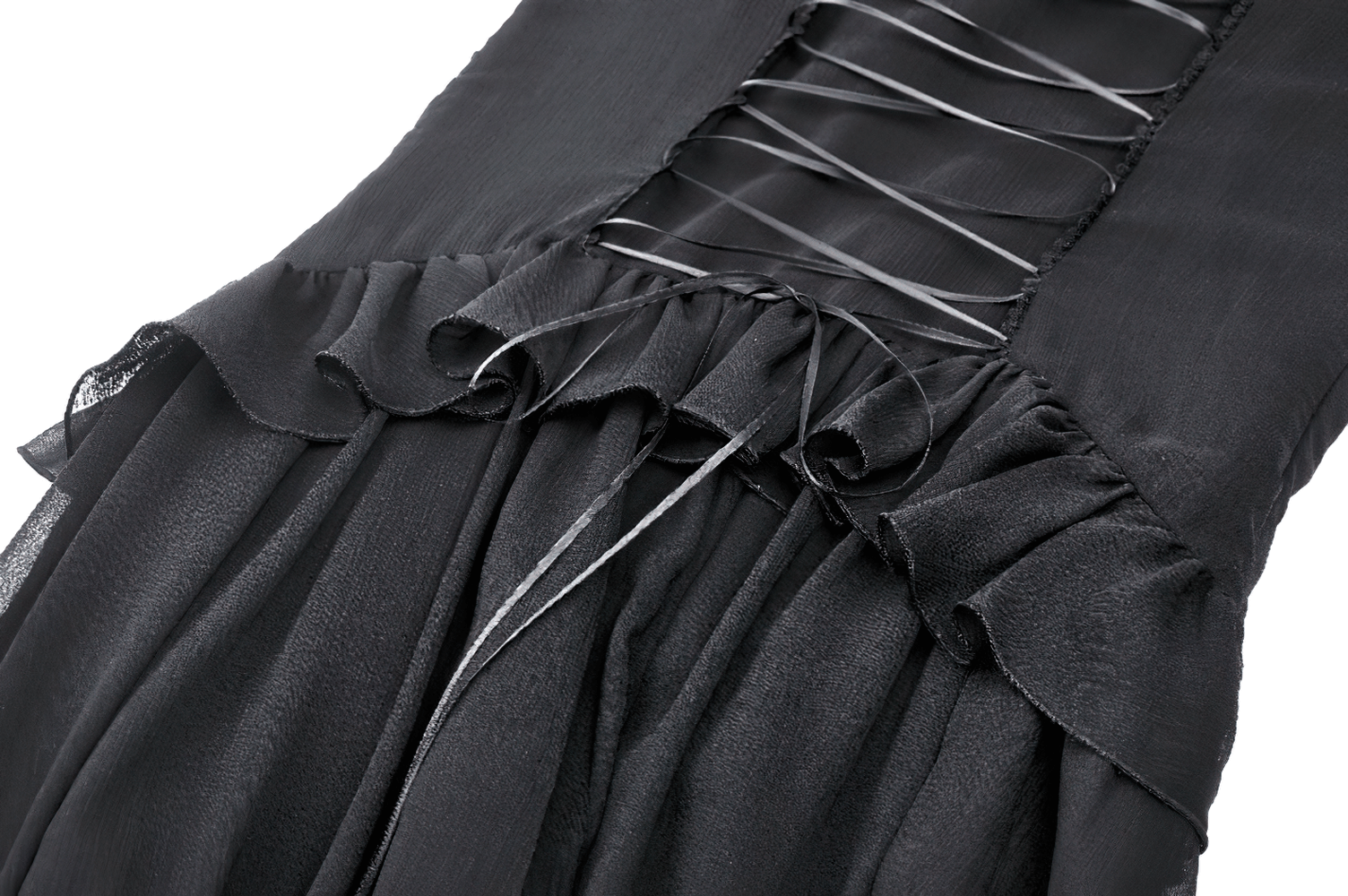 Close-up of black Gothic off-shoulder lace dress featuring ruffled sleeves and intricate lace detailing.