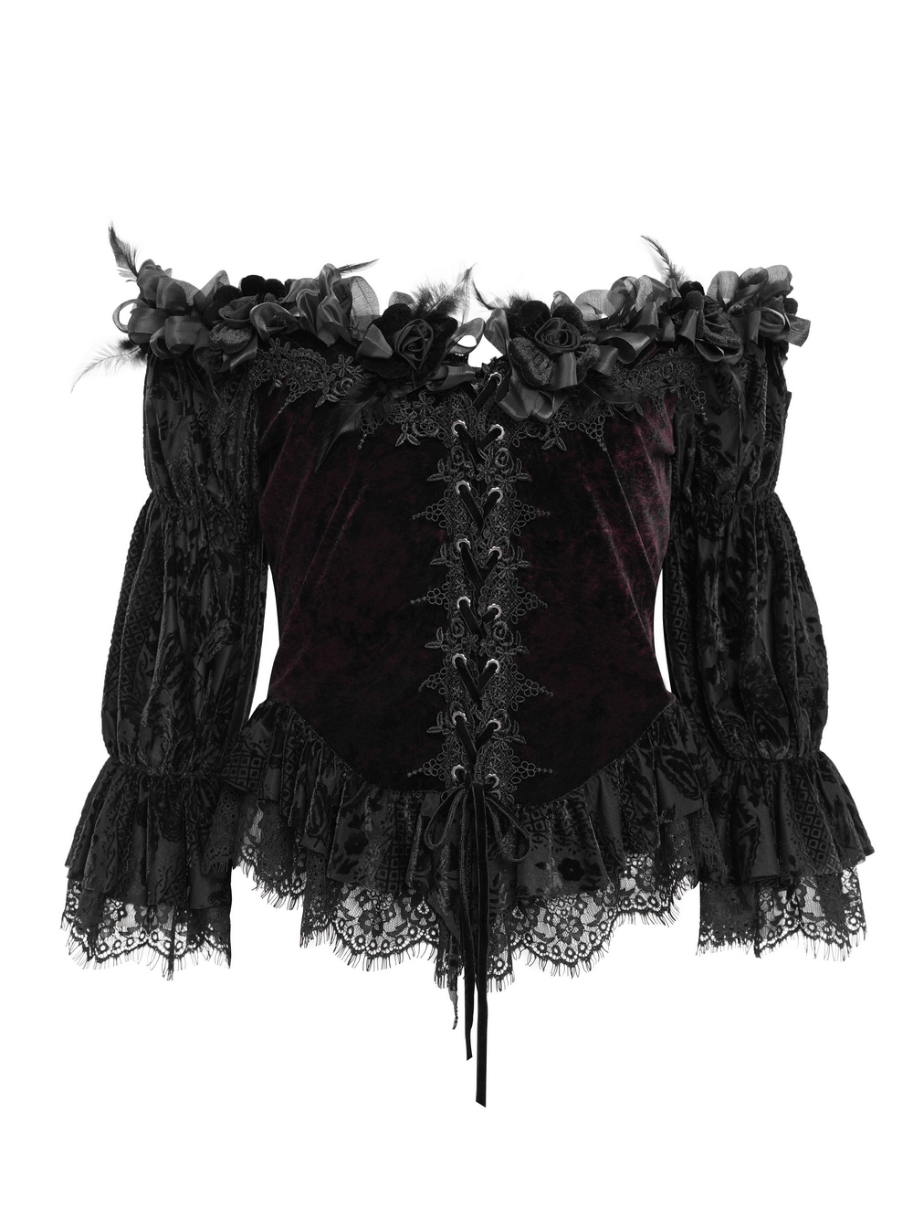 Gothic off-shoulder velvet blouse featuring floral lace-up details and ruffled sleeves, perfect for dark romantic style.