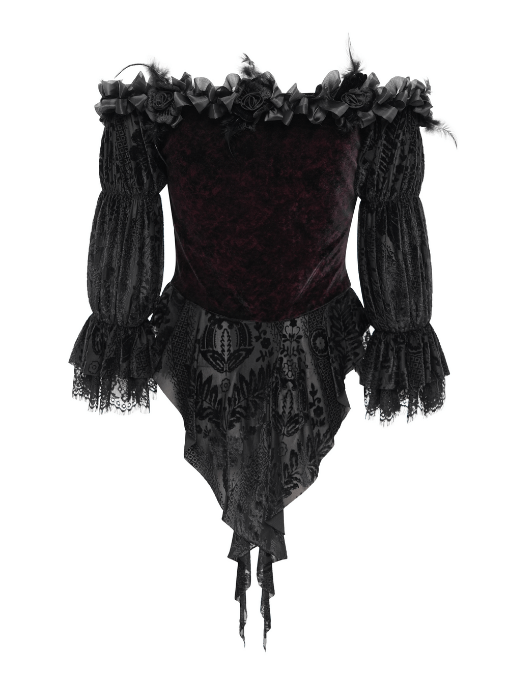 Gothic off-shoulder velvet blouse with floral lace-up details and ruffled sleeves for dark romantic style.