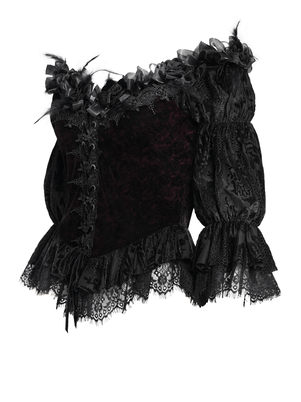 Elegant gothic off-shoulder velvet blouse with lace-up details, floral accents, and ruffled sleeves.
