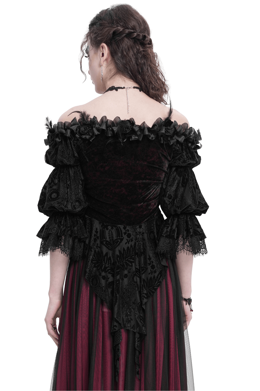Elegant Gothic off-shoulder velvet blouse with ruffled sleeves and floral lace details, showcasing a romantic silhouette.