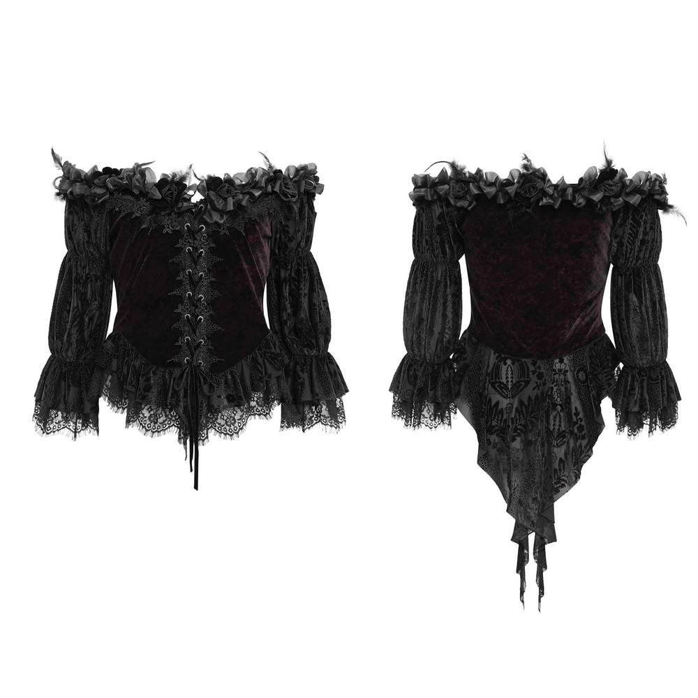 Elegant Gothic off-shoulder velvet blouse with floral lace-up detail and ruffled sleeves for a dramatic look.
