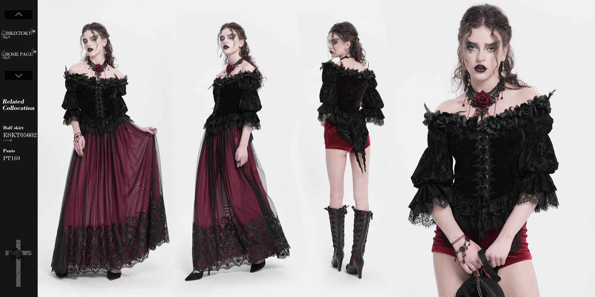 Gothic off-shoulder velvet blouse with floral details, paired with flowing skirt and dramatic accessories.