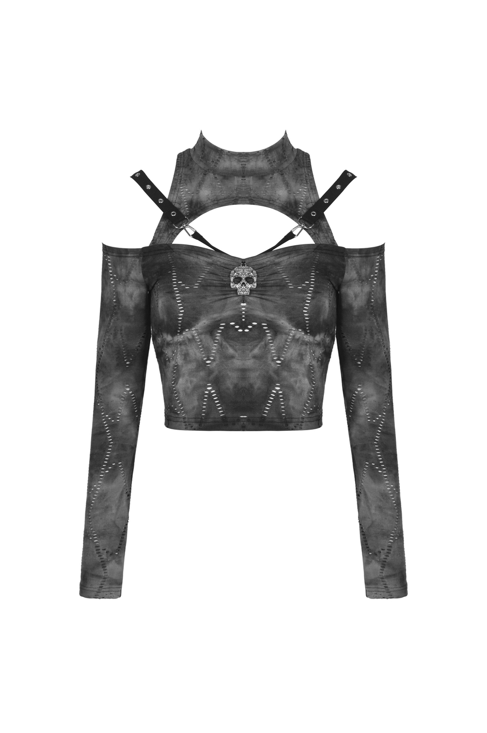 Gothic off-shoulder black long sleeve top with skull pendant, showcasing edgy punk rock style.