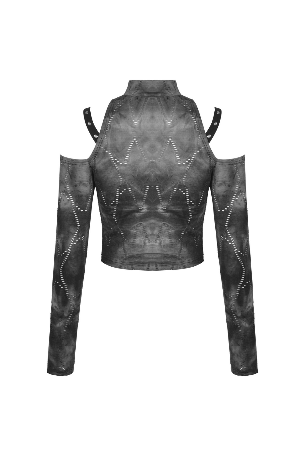 Gothic off-shoulder top with long sleeves and cutout design, perfect for punk rock style and edgy fashion.