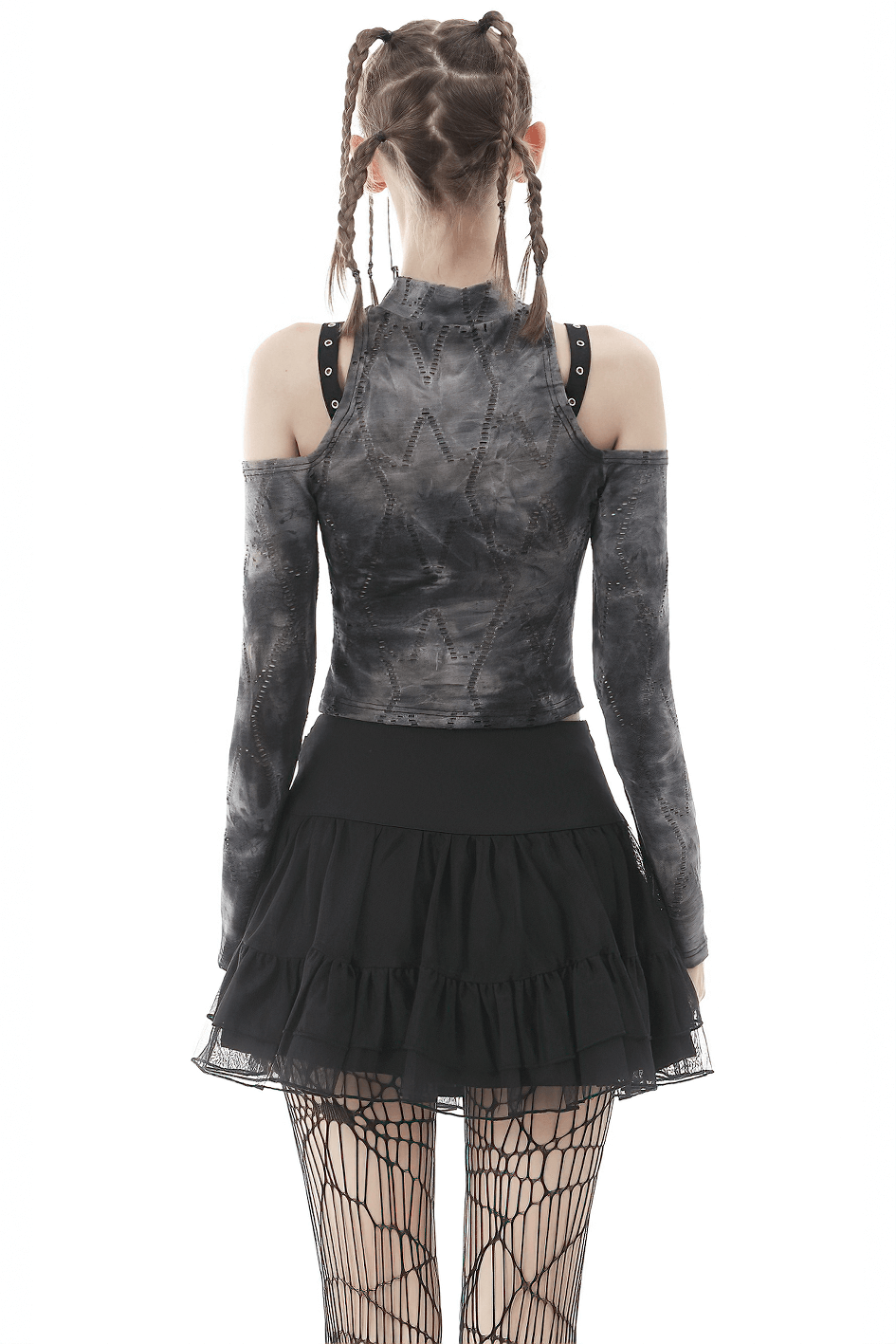 Back view of a Gothic off-shoulder long sleeve top with a stylish black skirt and fishnet stockings.