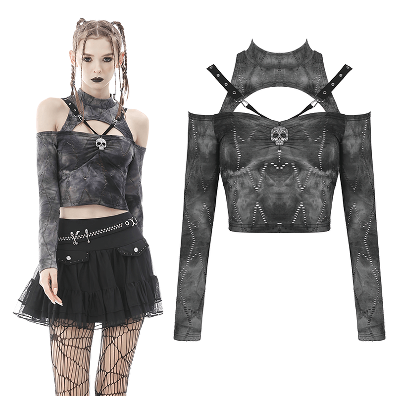Gothic off shoulder long sleeve top with skull pendant, perfect for punk rock style enthusiasts.