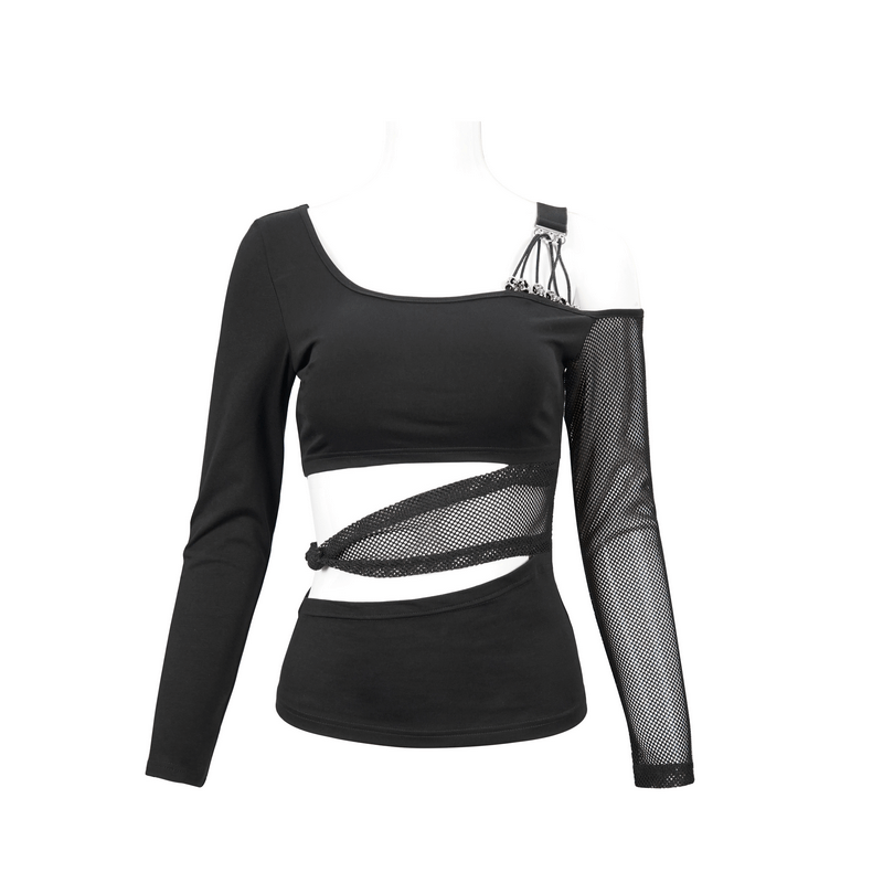 Gothic off shoulder black mesh splice top with stylish cutouts and strap, perfect for trendy gothic fashion.
