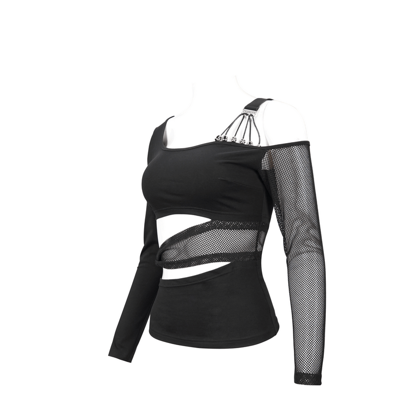 Gothic black off shoulder mesh splice top with cutouts and stylish strap across the middle, perfect for trendy fashion.