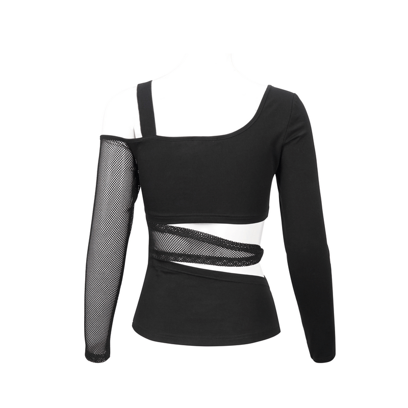 Gothic off-shoulder black top with mesh sleeve and cutout design, perfect for trendy gothic fashion.