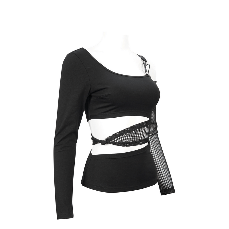 Gothic off shoulder black top with mesh sleeves and cutouts for a stylish, edgy look.