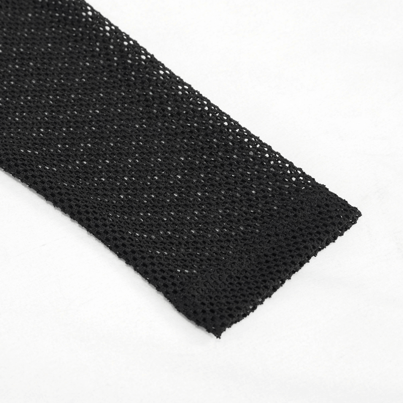 Close-up of black mesh fabric, showcasing breathable texture for gothic-style women's top.