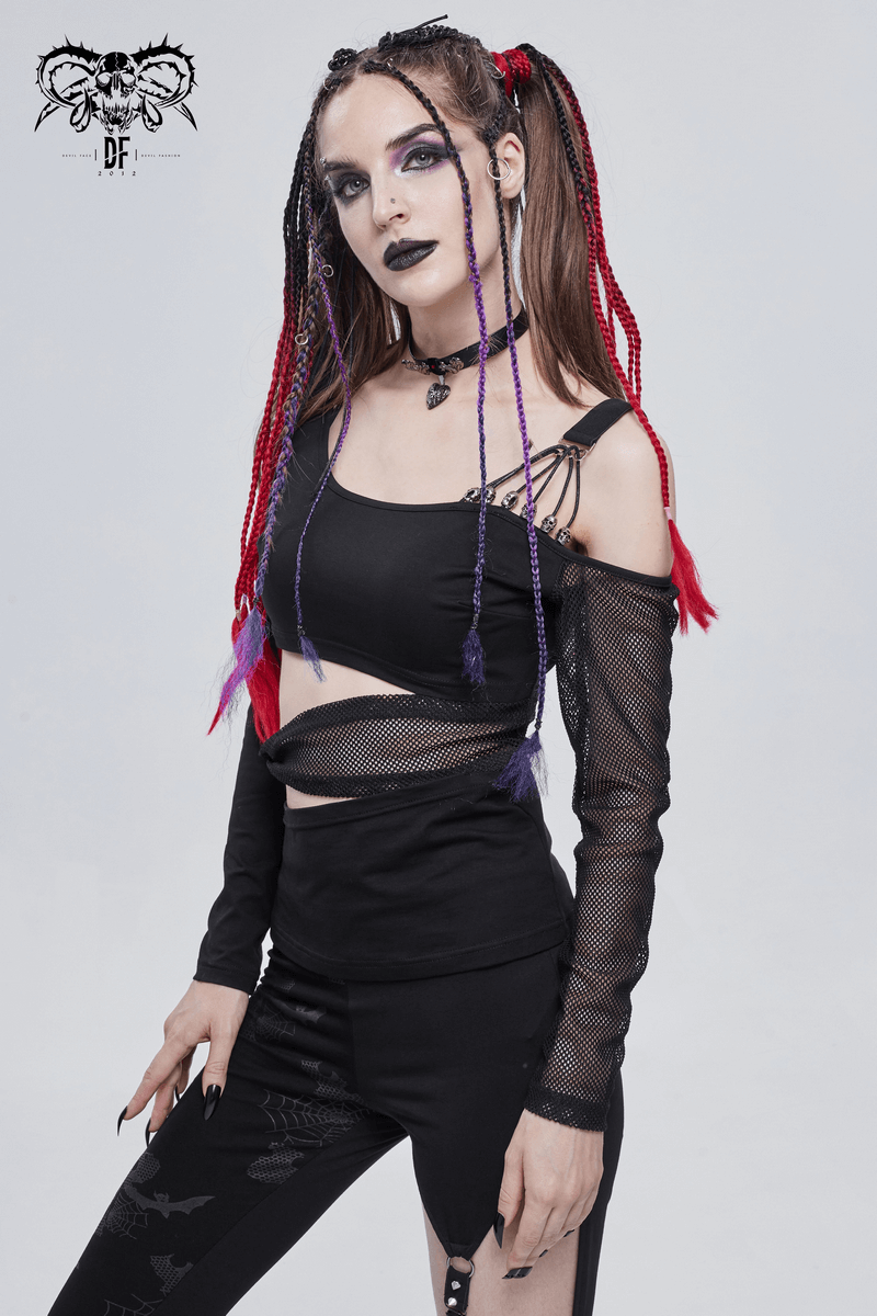 Gothic off shoulder black top with mesh sleeves and stylish cutouts, perfect for trendy gothic fashion.