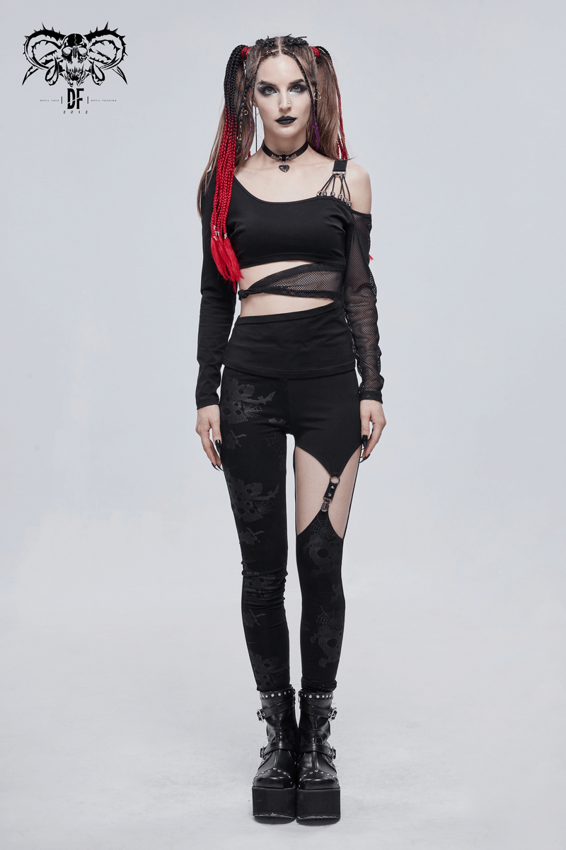 Gothic Off Shoulder Mesh Splice Top / Mesh Sleeve Black Top with Strap Across the Middle - HARD'N'HEAVY