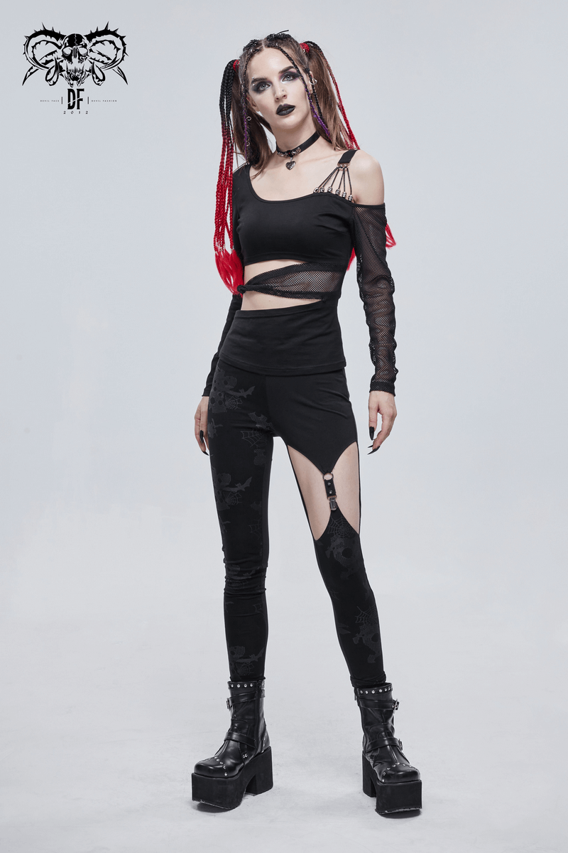 Gothic off shoulder mesh splice top with cutouts and leggings, perfect for a bold fashion statement.