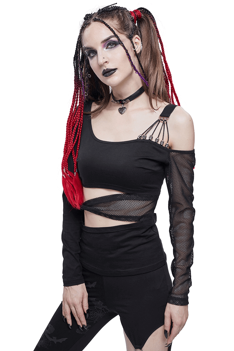 Gothic off shoulder black mesh splice top with cutouts and fashionable details, perfect for trendy women's gothic style.