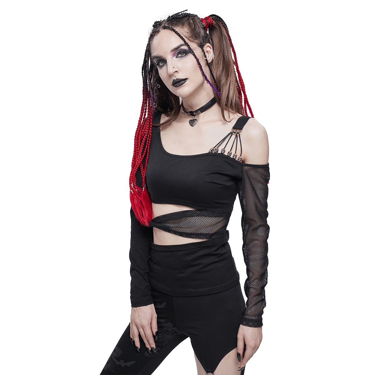 Gothic Off Shoulder Mesh Splice Top / Mesh Sleeve Black Top with Strap Across the Middle - HARD'N'HEAVY