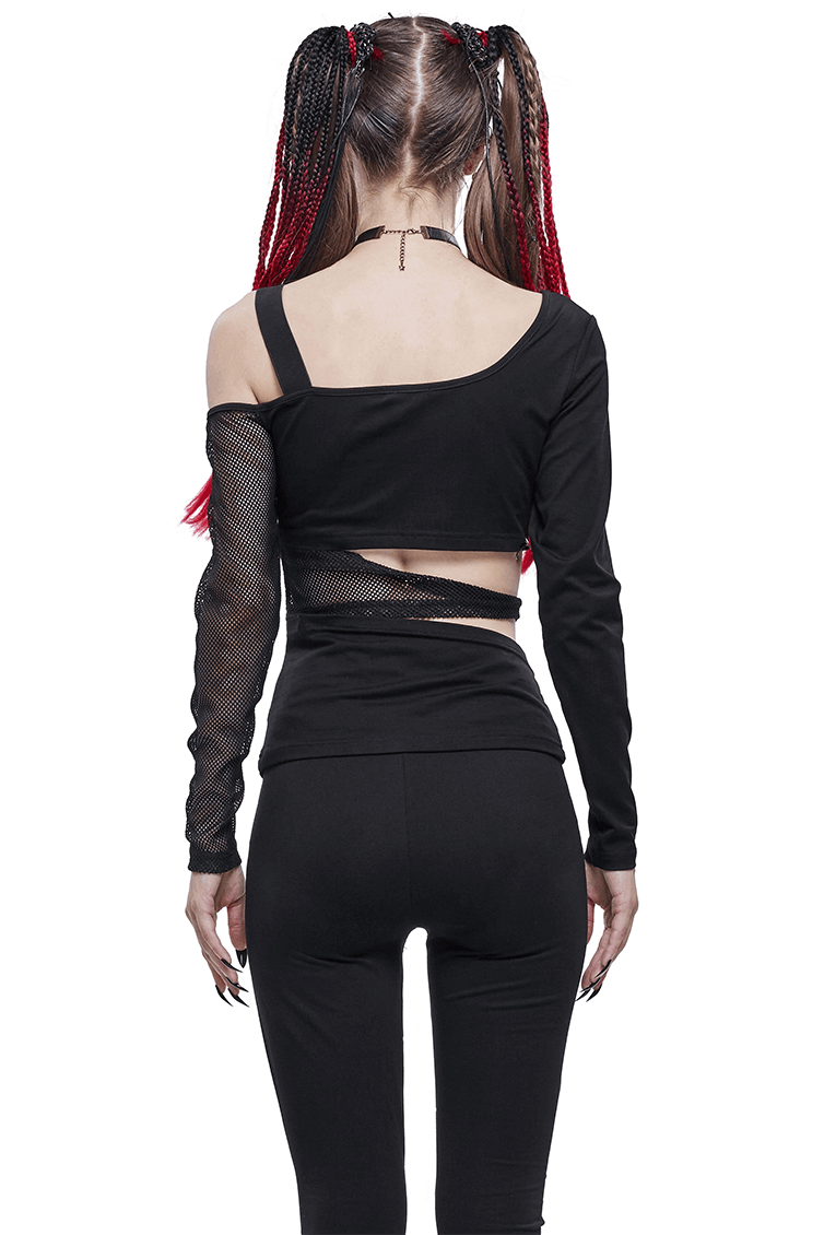 Back view of a women's gothic black top with mesh sleeves and cutouts, perfect for trendy gothic wardrobe.
