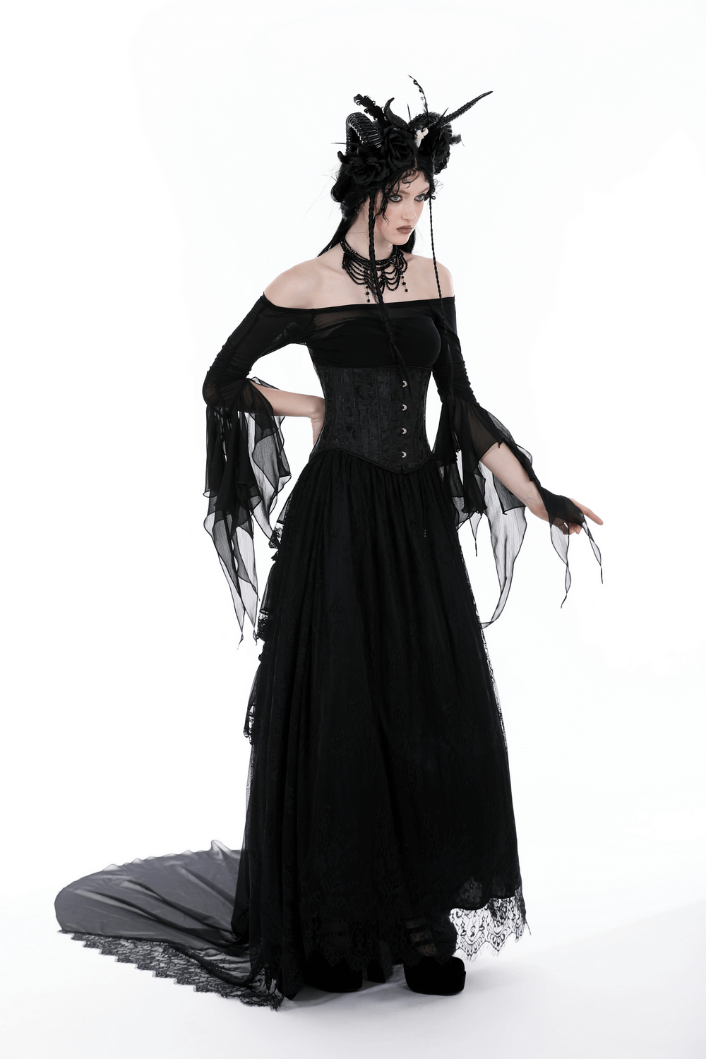 Gothic Off-Shoulder Mesh Top with Long Sleeves