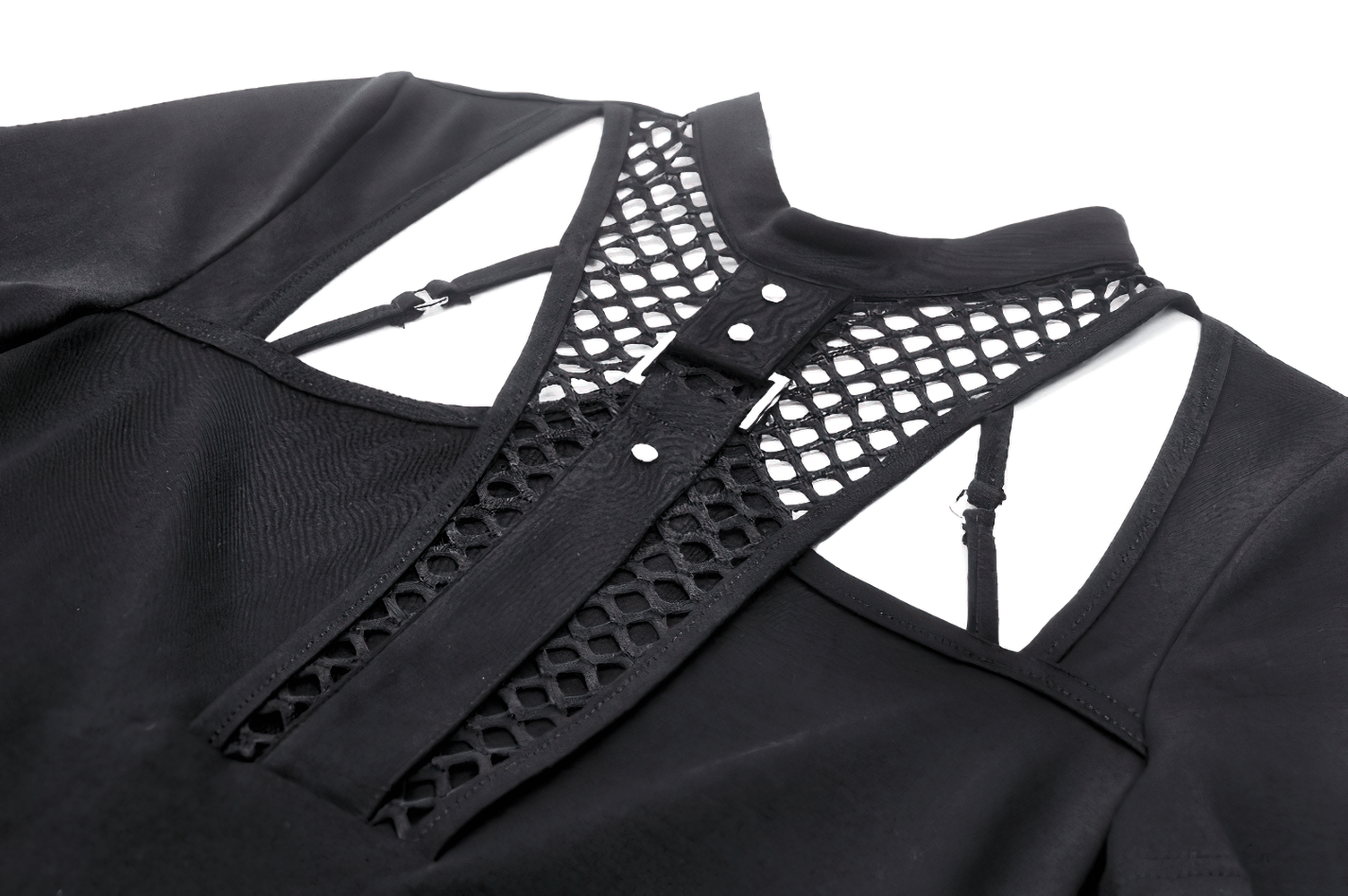 Gothic off-shoulder black mesh top with cutout design and metal accents, perfect for an edgy outfit.