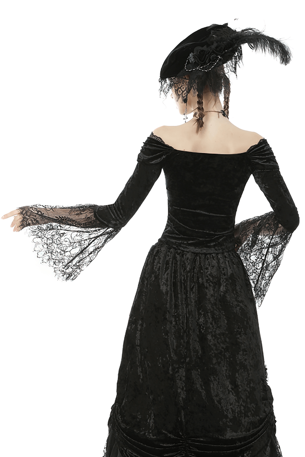 Gothic off-shoulder velvet top with lace sleeves, perfect for dark romantic styles and alternative fashion.