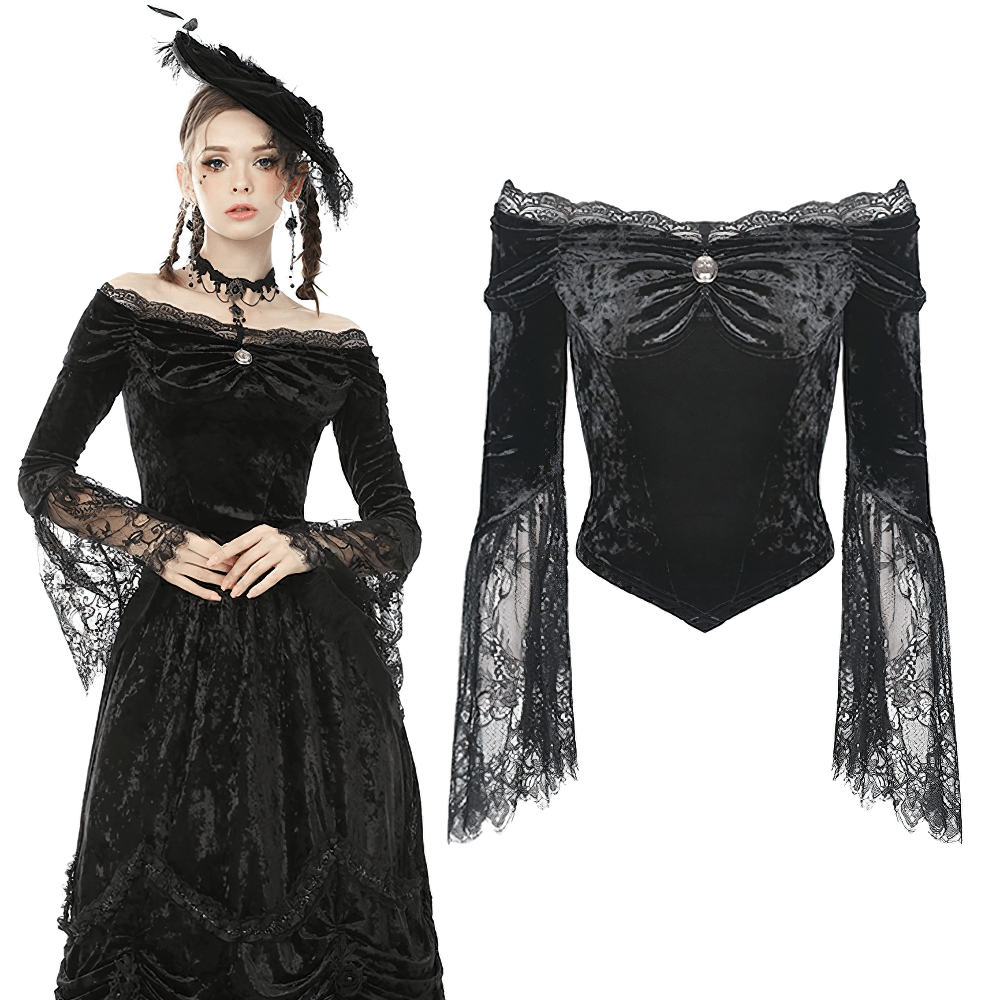 Gothic off-shoulder velvet top with lace sleeves, featuring vintage charm and a fitted bodice, perfect for alternative fashion.