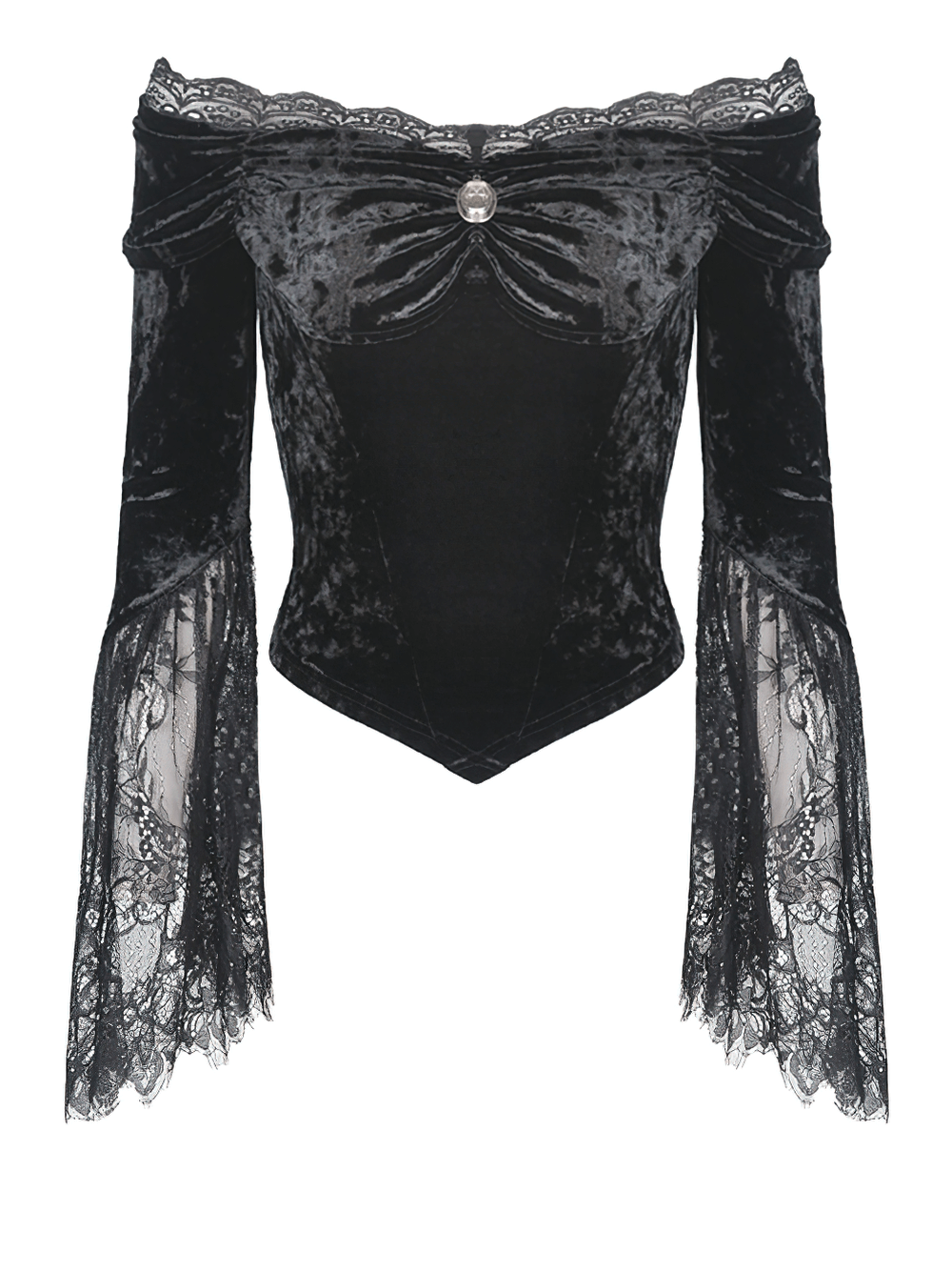 Gothic off-shoulder velvet top with flared lace sleeves and cameo detail, perfect for alternative fashion.