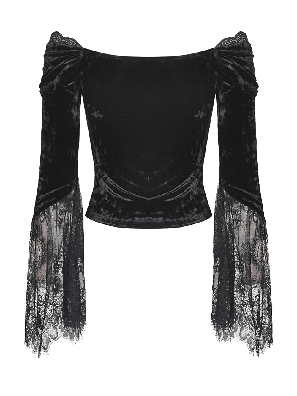 Gothic off-shoulder velvet top with flared lace sleeves, perfect for dark romantic styles and alternative fashion.