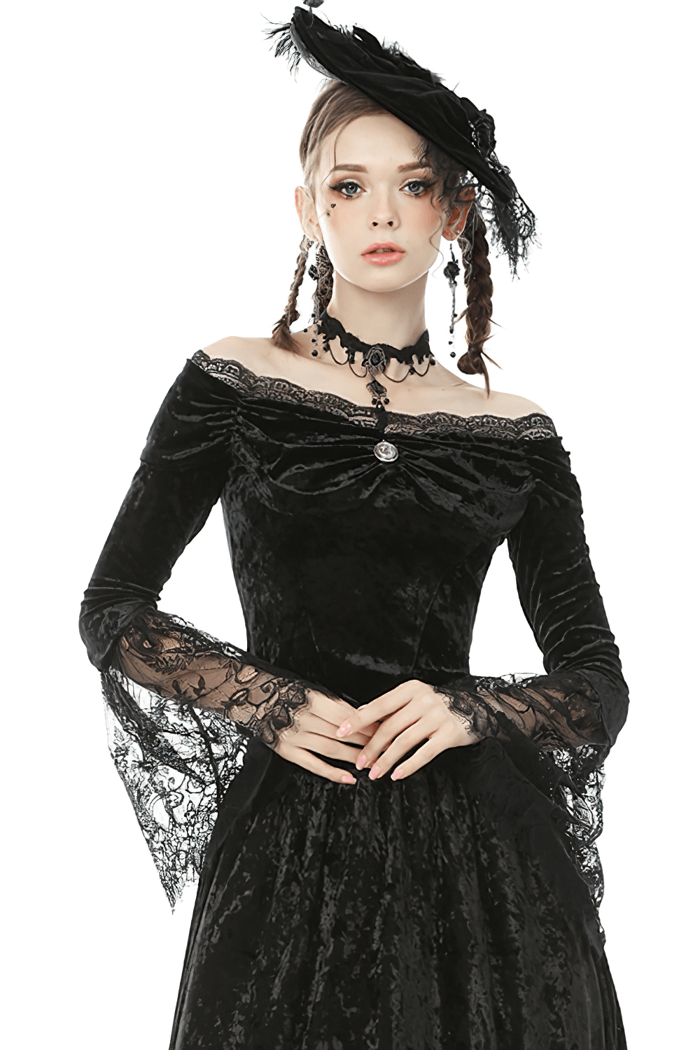 Gothic off-shoulder velvet top with lace sleeves and cameo detail, perfect for alternative fashion and dark romantic styles.