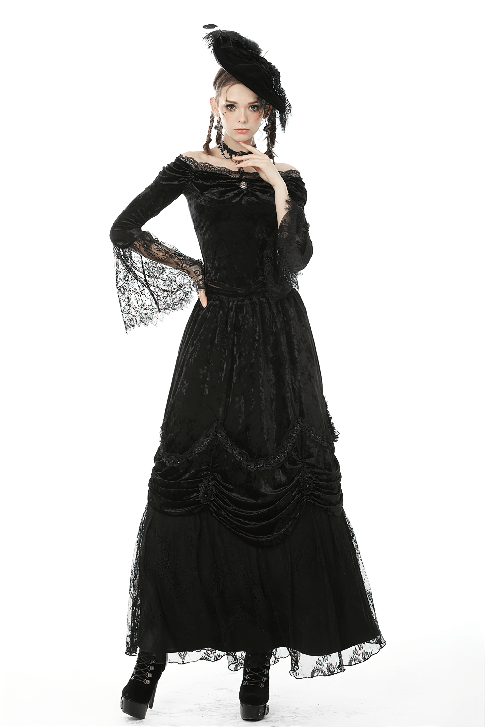 Gothic off-shoulder velvet top with lace sleeves, perfect for alternative fashion and dark romantic styles.