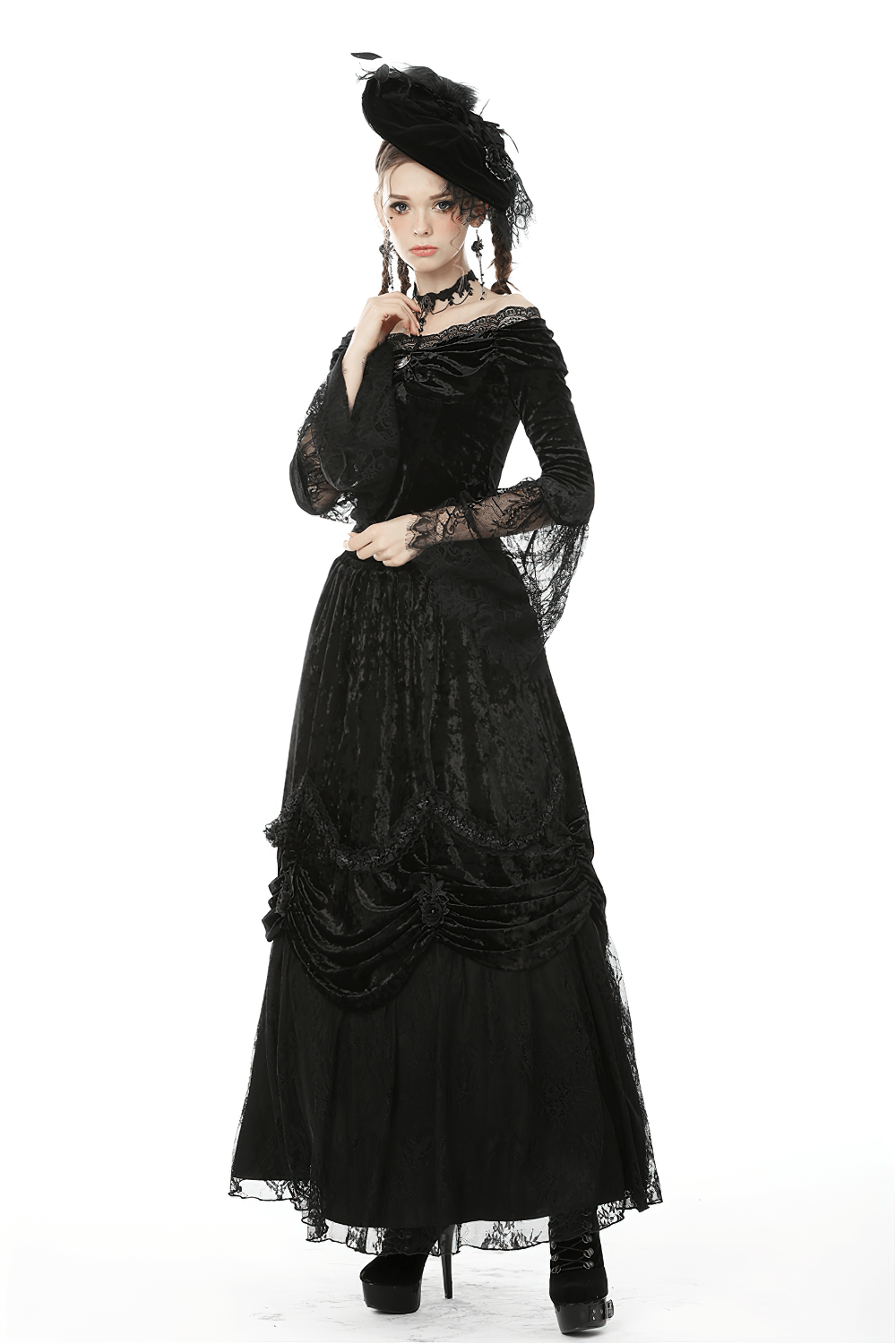 Gothic off-shoulder velvet top with lace sleeves, perfect for alternative fashion and dark romantic styles.