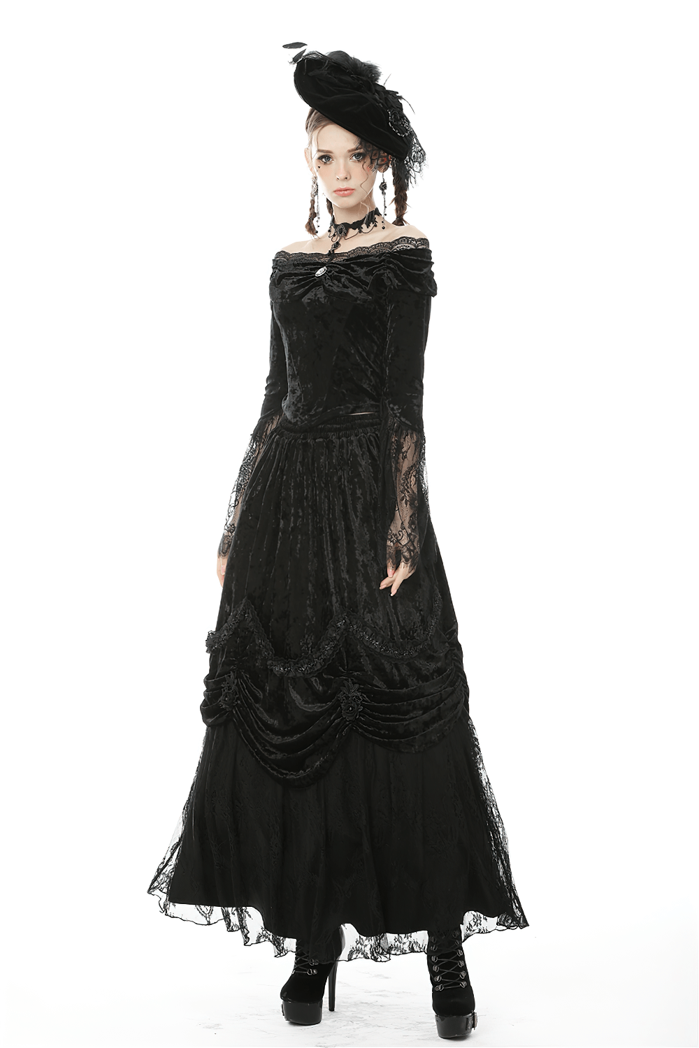 Gothic off-shoulder velvet top with lace sleeves, paired with a long black skirt for a Victorian-inspired look.