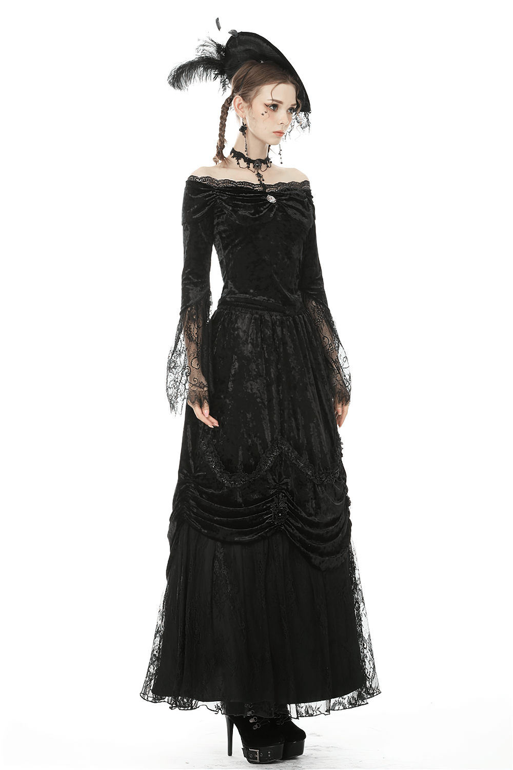 Gothic off-shoulder velvet top with lace sleeves, perfect for Victorian-inspired alternative fashion.